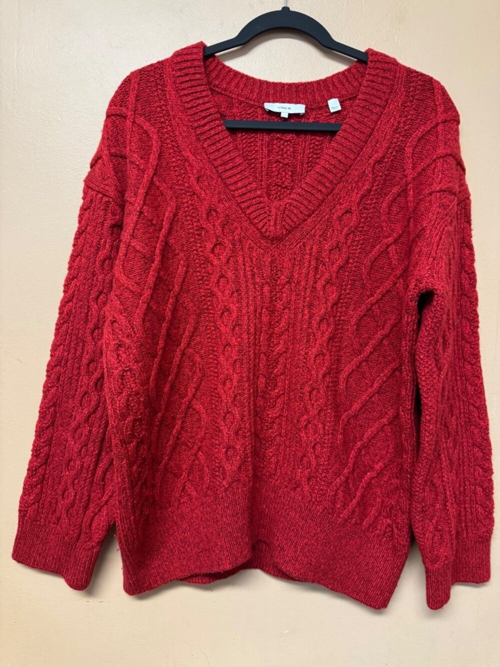Vince Merino Wool Cashmere L Red Cable Knit Sweater Deep V Neck Chunky
